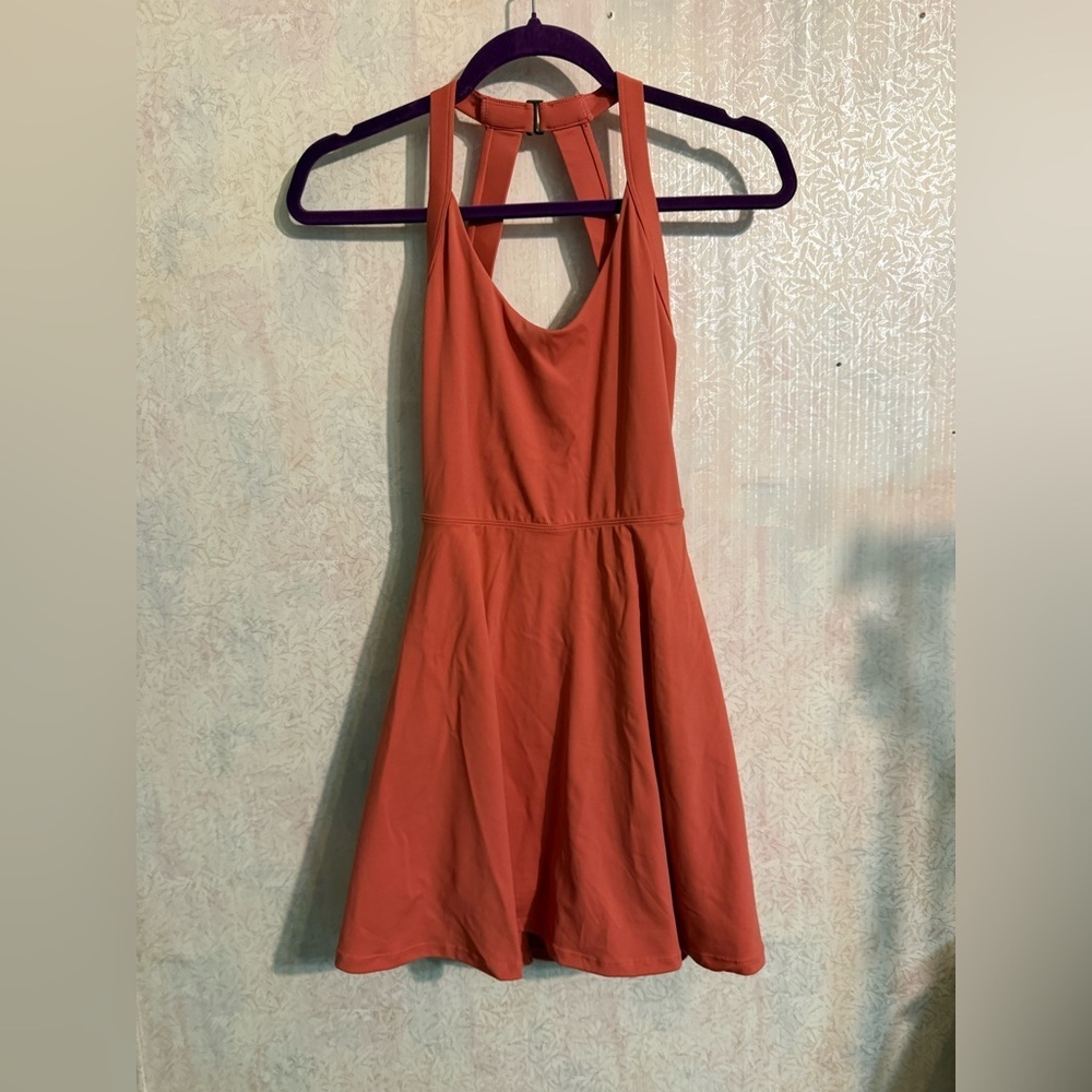 Source Unknown Coral Open Back Features Fit-and-Flare Shorts Under Mini Dress